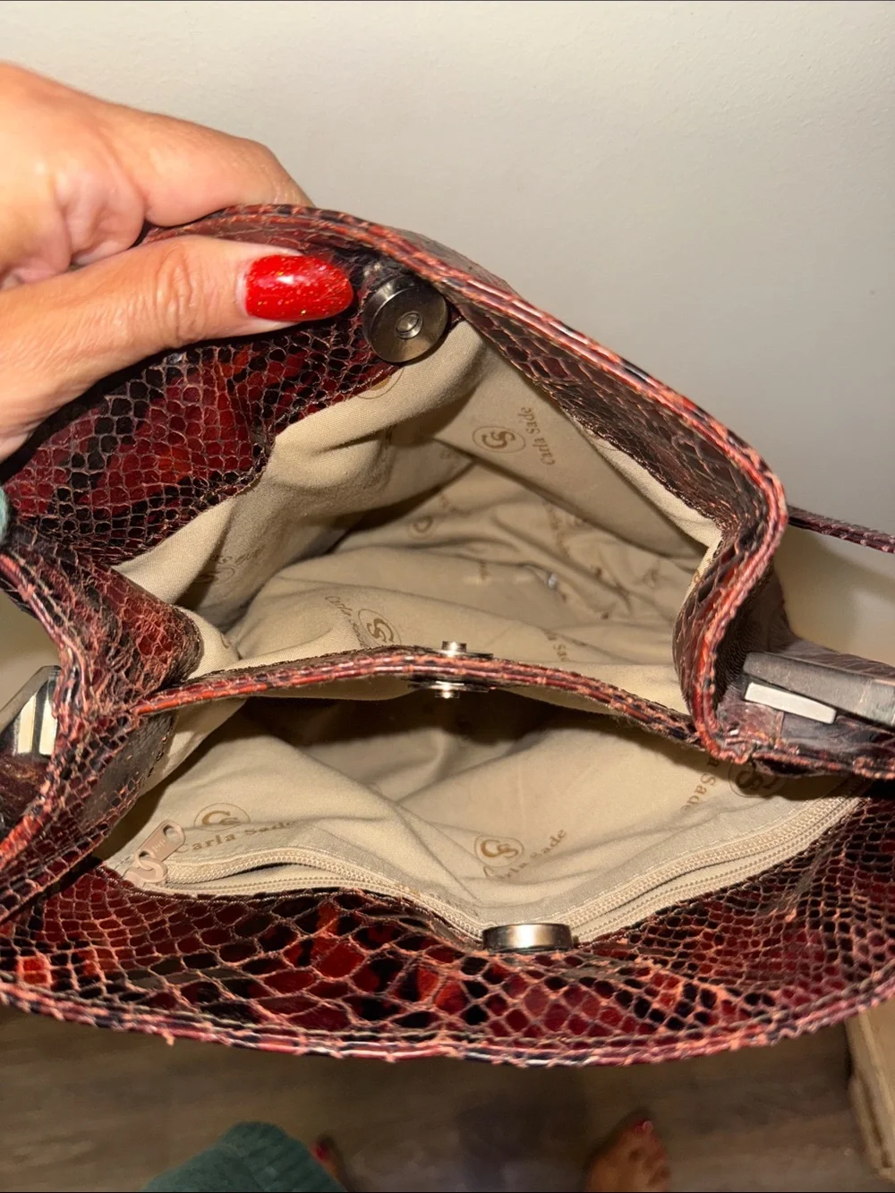 Vintage Carla Sade  Burgundy Snake-Print Shoulder Bag